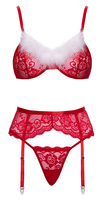 Zestaw 3-częściowy X‑Mas Set: czerwony biustonosz, pas  i stringi, czerwona koronka z białym futerkiem