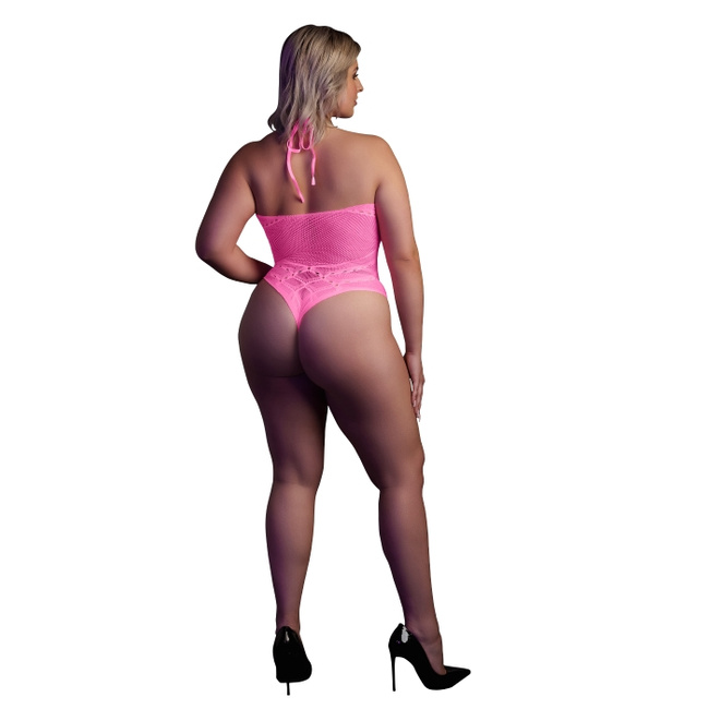 Fluorescencyjne, świecące w ciemnosci body z dekoltem typu halter, neonowy róż rozmiar XL/XXXXL