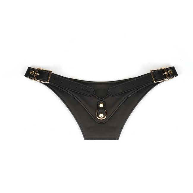 Wykwintna uprząż do strapona z licowej, ścisłej skóry bydlęcej w kolorze głębokiej czerni, z okuciami z metalu w kolorze złota