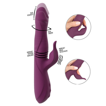 Purpurowy wariat – wibrator 4-funkcyjny posuwisty, ze skrętem główki, z pierścieniem wirujących koralików i wibrującym królikiem, IPX7