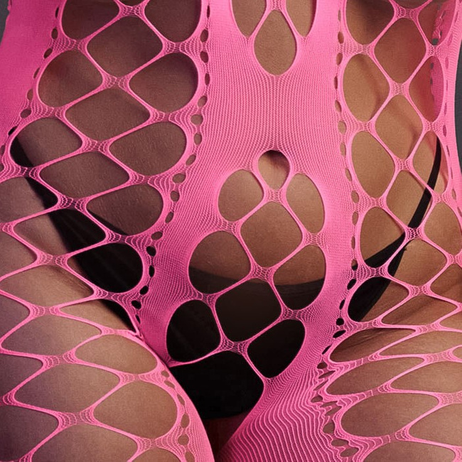 Fluorescencyjny, świecący w ciemnosci siateczkowy kostium z dekoltem typu halter, neonowy róż rozmiar XL/XXXXL