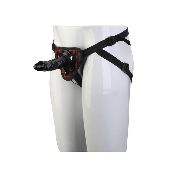 Elegancki luksusowy strapon – harness (uprząż) i dildo seria, zdobione czerwoną koronką seria DELUXE BDSM