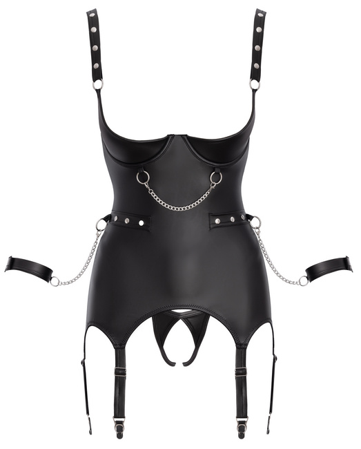 Body gorset z odkrytym biustem, paskami do pończoch, z otwartymi g-stringami, z łańcuszkami do bondage