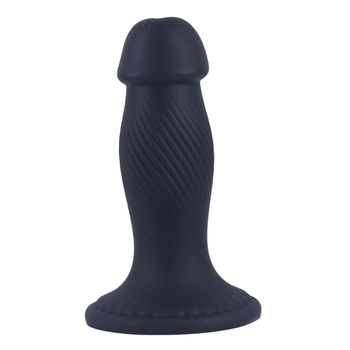 Korek analny, butt plug z główką penisa, z podłużnymi rowkami i przyssawką, rozmiar średni 11,4 cm, max Ø 3,7 cm, płynny silikon