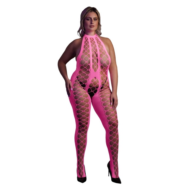 Fluorescencyjny, świecący w ciemnosci siateczkowy kostium z dekoltem typu halter, neonowy róż rozmiar XL/XXXXL