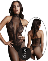 Siateczkowy kostium bodystocking z siatki i koronki z dekoltem typu halter, kolor czarny, rozmiar S/XL