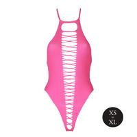 Fluorescencyjne, świecące body z wysokim wycięciem, neonowy róż rozmiar XS/XL