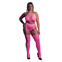 Fluorescencyjny, świecący dwuczęściowy kostium krótki top + pas z pończochami, neonowy róż rozmiar XL/XXXXL
