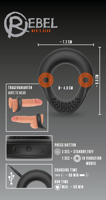 Wibrujący pierścień ring erekcyjny stymulacją jąder, 2 generatory wibracji, silikon, wodoodporny IPX7, Ø 4 cm (rozciągliwe)