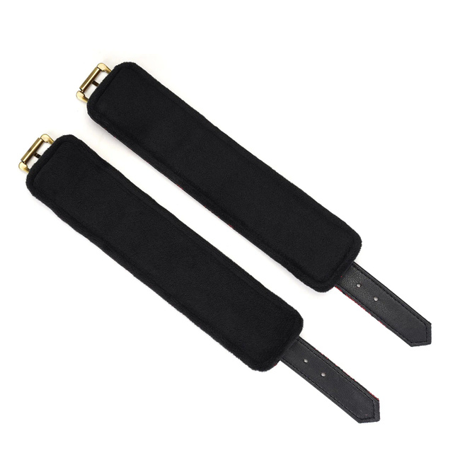 Wegańskie kajdanki na ręce ze skóry wegańskiej, z miękką podszewką, zdobione czerwoną koronką, z okuciami i łańcuchem z metalu w kolorze mosiądzu