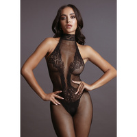 Siateczkowy kostium bodystocking z siatki i koronki z dekoltem typu halter, kolor czarny, rozmiar S/XL