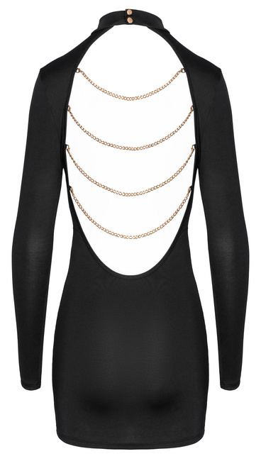 Sexy mała czarna – seksowna sukienka mini z odkrytymi plecami, ozdobiona łańcuszkami w kolorze złotym