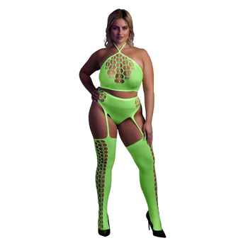 Fluorescencyjny, świecący dwuczęściowy kostium krótki top + pas z pończochami, neonowa zieleń rozmiar XL/XXXXL