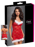 Koronkowa czerwona halka, koronkowa koszulka, z białym futerkiem i regulowanymi ramiączkami