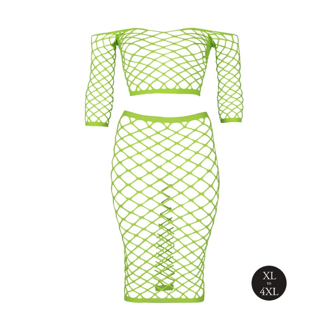 Fluorescencyjny, świecący, dwucześciowy kostium - krótki top z długim rękawem + długa sukienka, neonowa zieleń rozmiar XL/XXXXL
