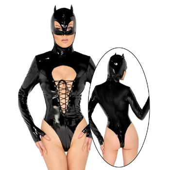 Body sznurowane z maską z uszami Black Level - Vinyl Body & Mask S