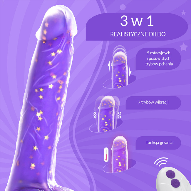 POSUWISTE Silikonowe purpurowe dildo wibrujące na pilota JELIVOY Swing&Thrusting od Tracy's Dog 23 cm z mocną przyssawką 
