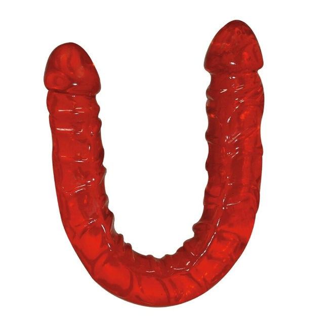 Dwustronne czerwone dildo rozmiar XXXL, elastyczne - podwójna penetracja, żel TPE, długość 43 cm, Ø 4 cm