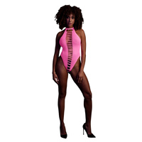 Fluorescencyjne, świecące body z wysokim wycięciem, neonowy róż rozmiar XS/XL