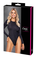 Czarne, delikatnie błyszczące srebrną nitka body z długim rękawem i wycięciami typu Rio na pośladkach