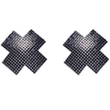Nakładki naklejki na sutki. W kształcie srebrzystych krzyży pokrytych czarnymi kryształkami, 2 sztuki
