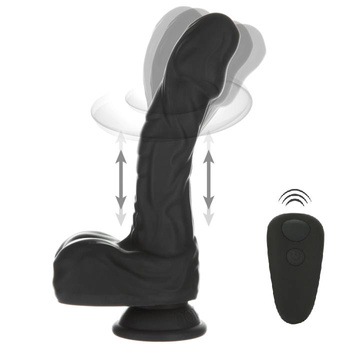 Realistyczne dildo wibrator z ruchem posuwistym i rotująca główką, dwuwarstwowe, Platinum Cured Silicon, kolor czarny, 22,8 cm / 15,6 cm wkładane