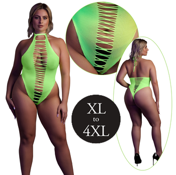 Fluorescencyjne, świecące body z wysokim wycięciem, neonowa zieleń rozmiar XL/XXXXL